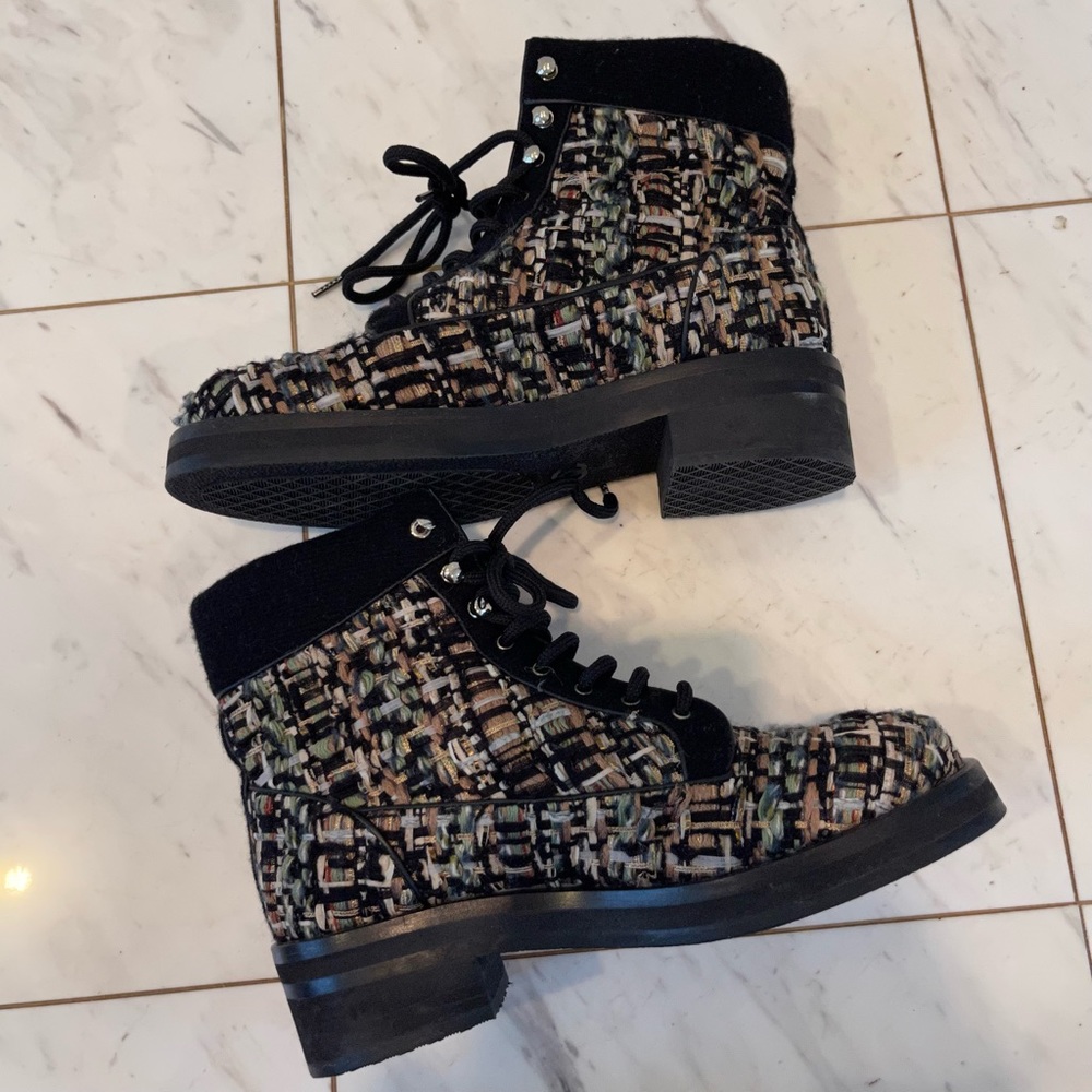 Chanel Tweed Lace Up Boots